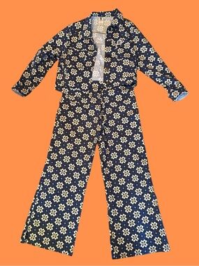 Lucy & Yak 70s Retro Navy Set - Long Sleeve Top & Wide Leg Pants